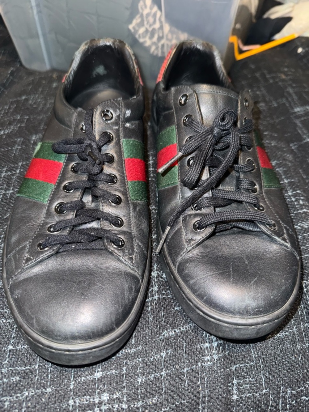 Gucci Black Leather Sneakers with Signature Green & Red Stripe